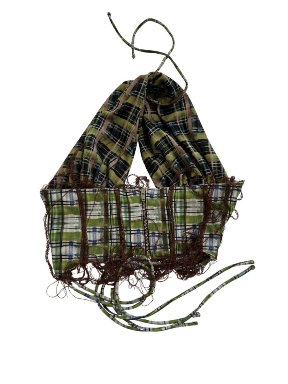 Danielle Guizio Plaid Cut-Out Ditreed Halterneck Top in Green - Picture 3 of 4